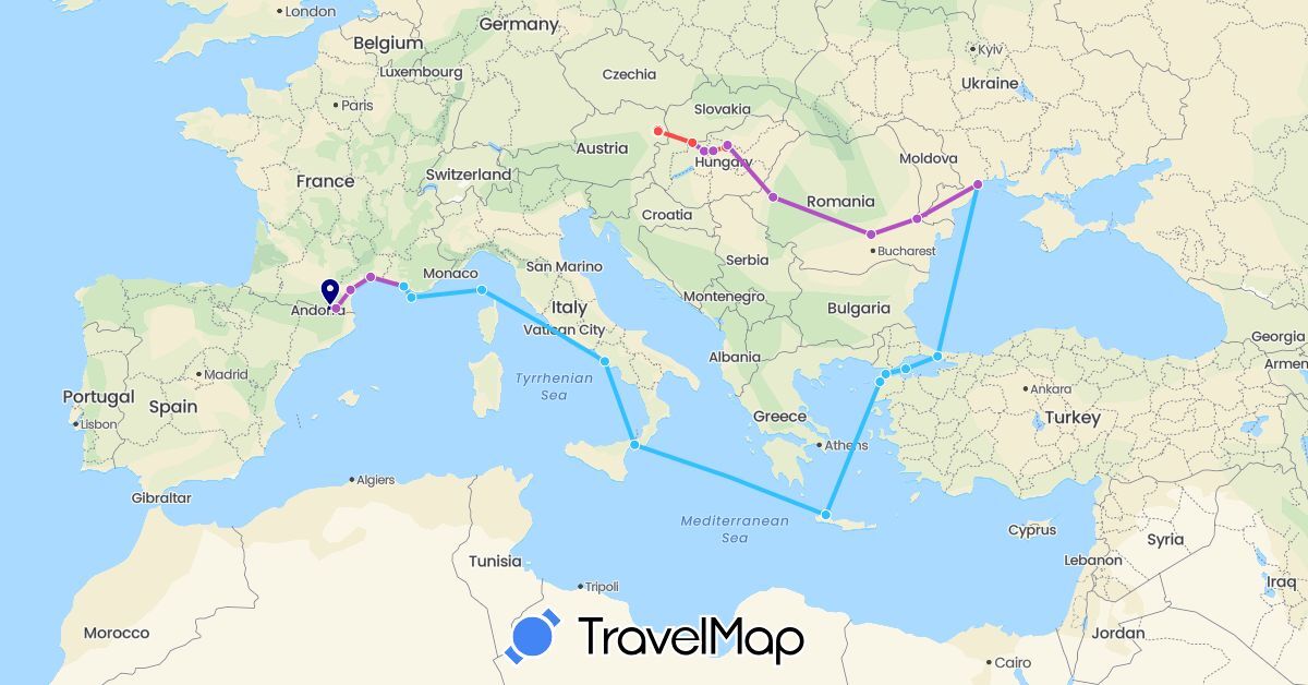 TravelMap itinerary: driving, train, hiking, boat in Austria, France, Greece, Hungary, Italy, Romania, Turkey, Ukraine (Asia, Europe)